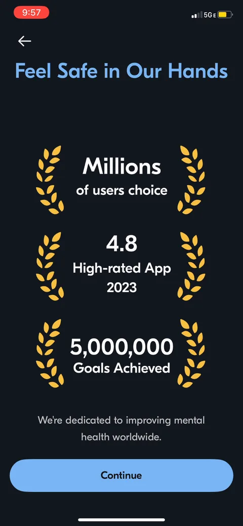 Vos onboarding screen 28: Awards screen: laurels around 'Millions of users choice,' '4.8 High-rated App 2023,' '5,000,000 Goals…