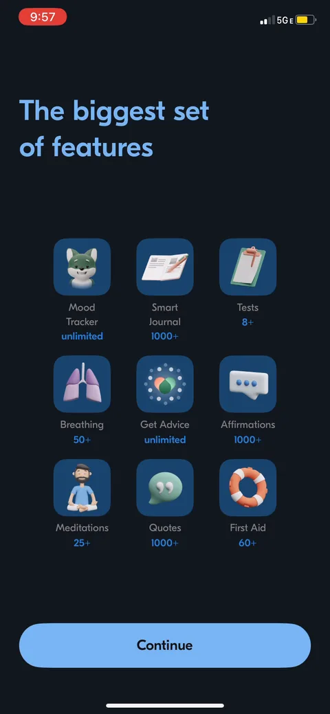 Vos onboarding screen 38: Feature grid, 'the biggest set of features,' with unlimited and 1000+ counts on mood, journal, tests…