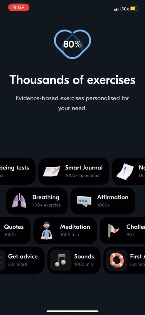 Vos onboarding screen 44: 'Thousands of evidence-based exercises personalised for your need' right before the paywall