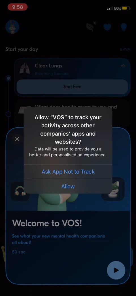 Vos onboarding screen 47: ATT tracking prompt fires once you're already inside, not up front