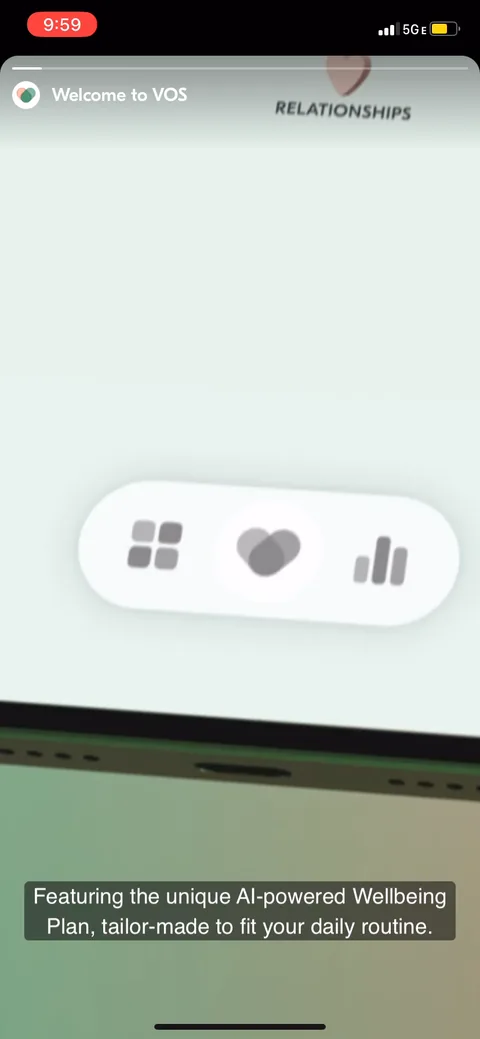 Vos onboarding screen 54: Guided app tour instead of dropping you on a blank home: 'the unique AI-powered wellbeing plan tailor made to…
