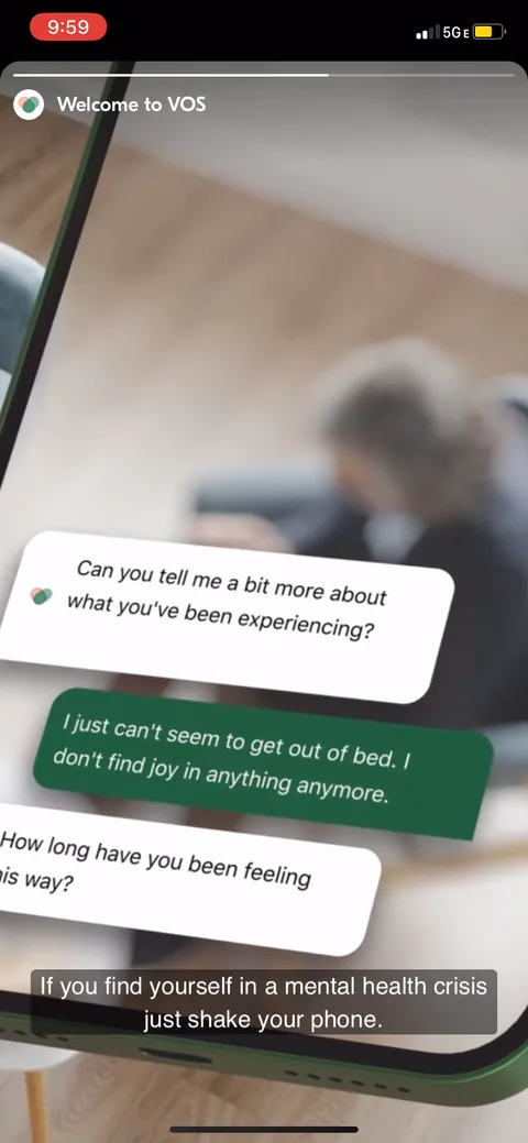 Vos onboarding screen 75: 'If you find yourself in a mental health crisis, just shake your phone' to open a first-aid kit