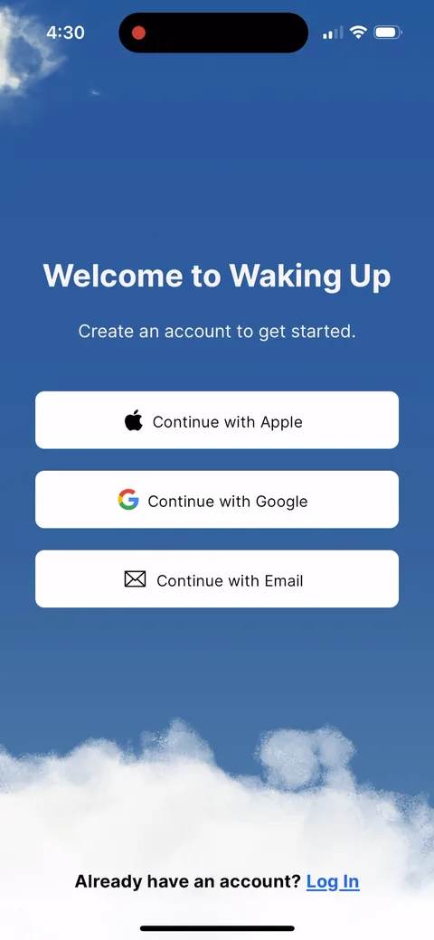 Waking Up onboarding screen 3: 'Create an account to get started' on screen 3, before any content