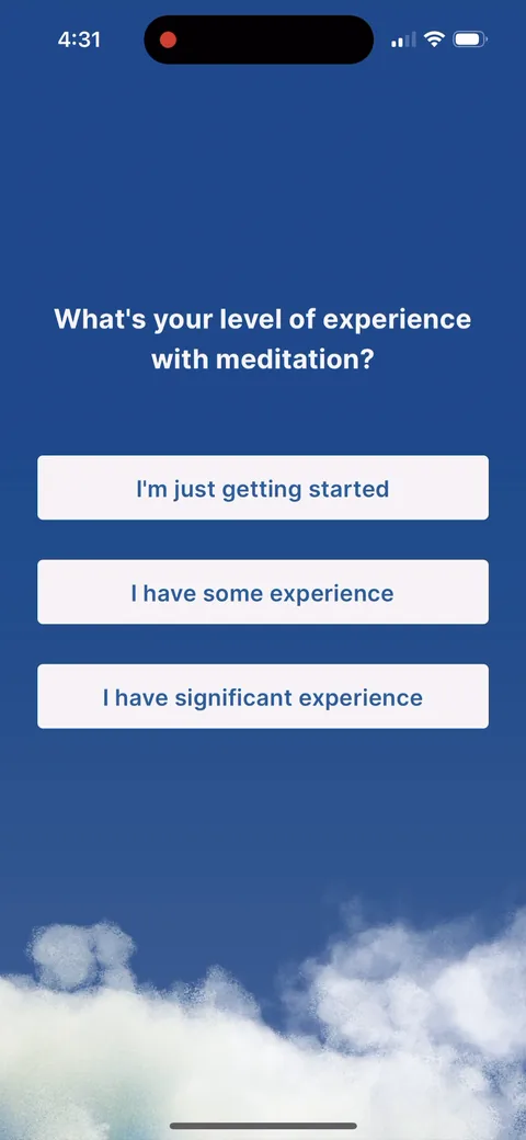 Waking Up onboarding screen 10: The only quiz question: 'What's your level of experience with meditation?' Three options, one tap