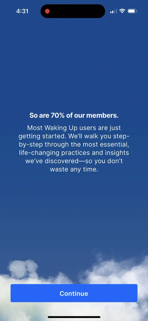 Waking Up onboarding screen 11: 'So are 70% of our members.' Nice touch