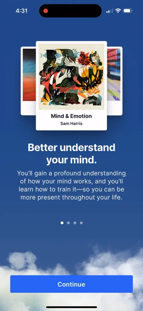 Waking Up onboarding screen 13: A four-card carousel where each card is a real course with a real teacher: 'Mind & Emotion' by Sam Harris…