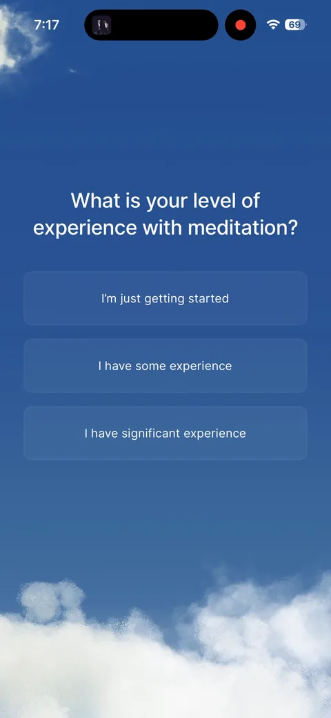 Waking Up onboarding screen 20: 'What is your level of experience with meditation?' Still the only quiz question, three options, one tap