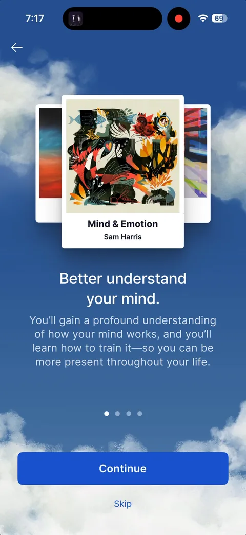 Waking Up onboarding screen 21: Same four-card carousel as July 2024, each card a real course and teacher: 'Mind & Emotion' by Sam Harris…