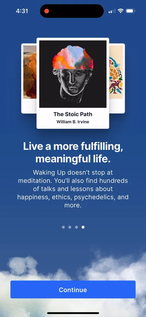 Waking Up onboarding screen 22: The last card widens the pitch: 'Waking Up doesn't stop at meditation