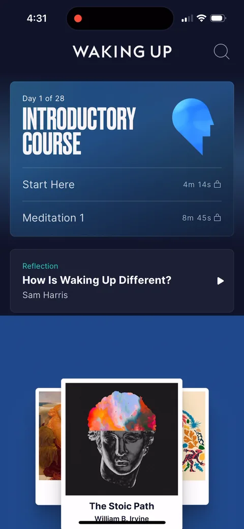 Waking Up onboarding screen 23: You land on a home with a 'Day 1 of 28' Introductory Course and 'Start Here' on top