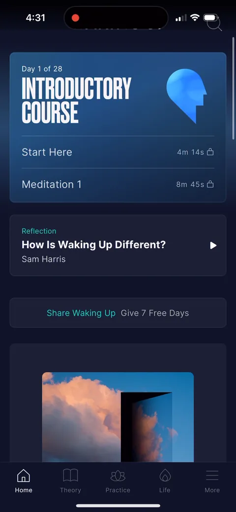 Waking Up onboarding screen 24: 'Share Waking Up, Give 7 Free Days' sits right under the course