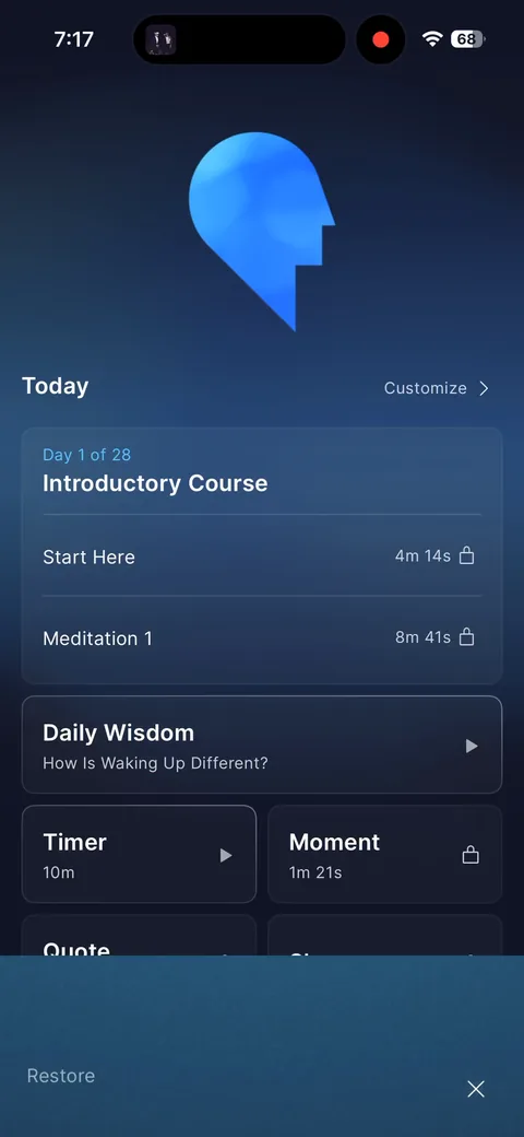 Waking Up onboarding screen 31: Close the paywall and you land on 'Day 1 of 28, Introductory Course' with locks on 'Start Here' and…