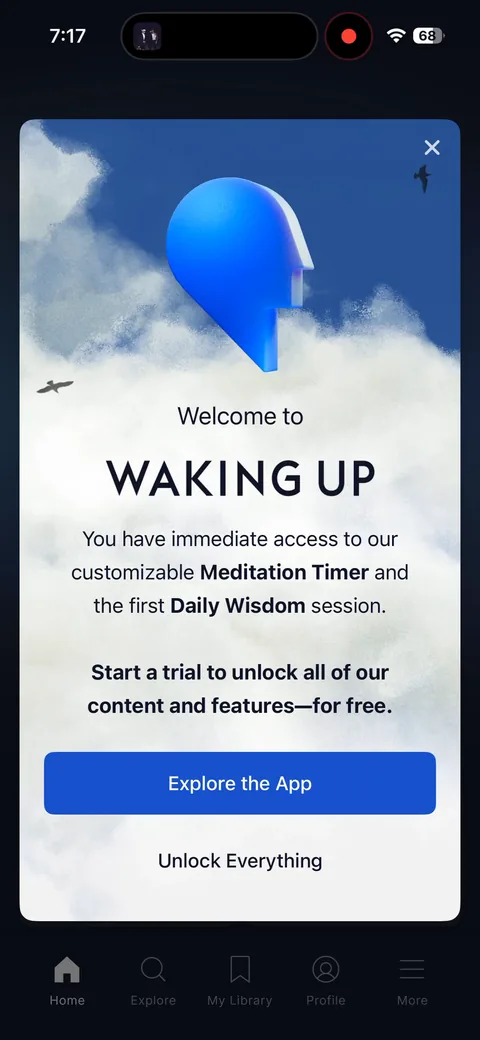 Waking Up onboarding screen 32: 'Welcome to Waking Up