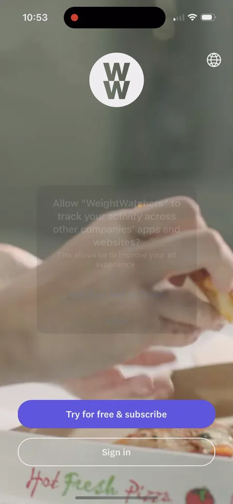 Weightwatchers onboarding screen 2: The App Tracking Transparency prompt fires on the first screen, before you've seen anything