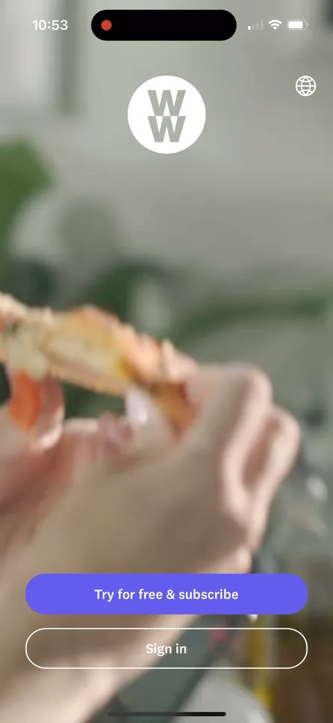 Weightwatchers onboarding screen 3: Full-bleed food and lifestyle video with two buttons: 'Try for free & subscribe' and 'Sign in'