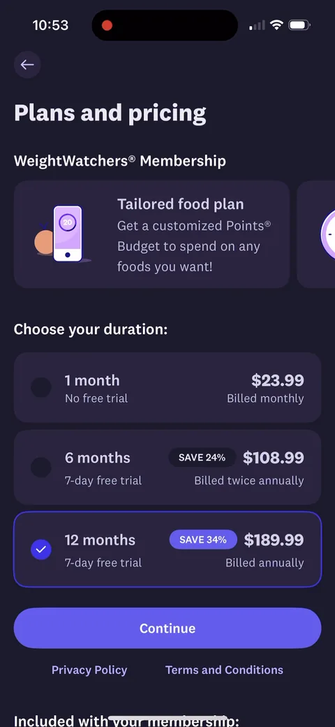 Weightwatchers paywall with pricing, onboarding screen 11