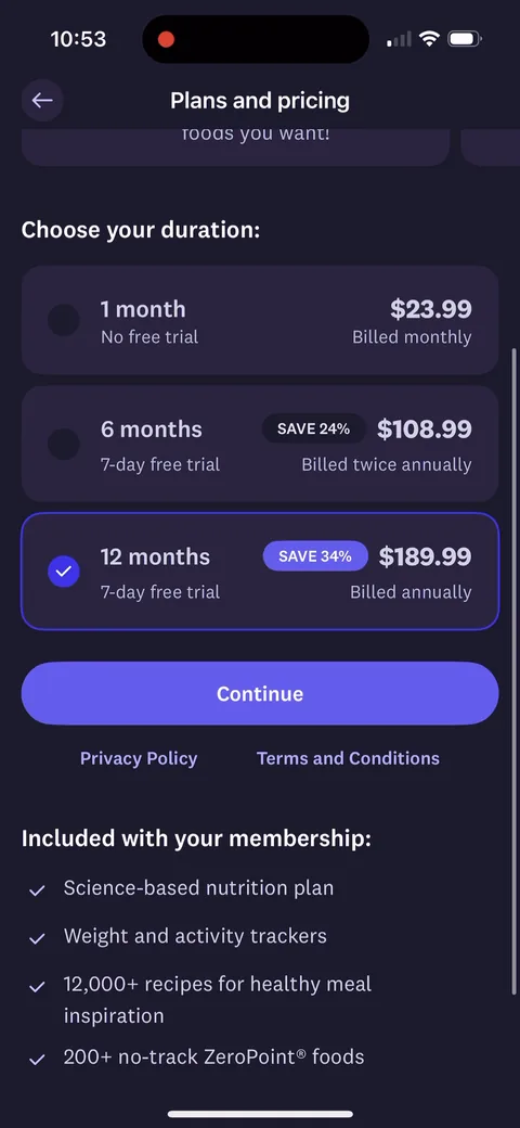 Weightwatchers onboarding screen 12: Scroll down and the value case shows up under the prices: 'Science-based nutrition plan', 'Weight and…