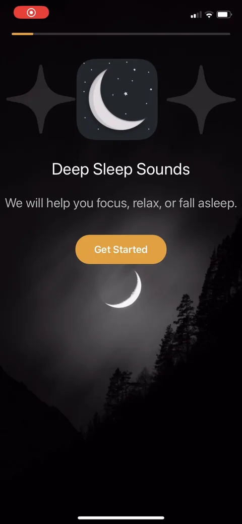 White Noice Deep Sleep Sounds onboarding screen 3: Opens by naming the three jobs people hire a white noise app for: focus, relax, fall asleep