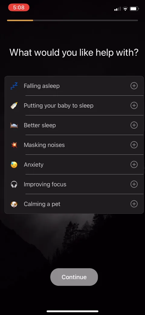 White Noice Deep Sleep Sounds onboarding screen 4: 'What would you like help with' as a multi-select (plus icons, Continue stays greyed until you pick)