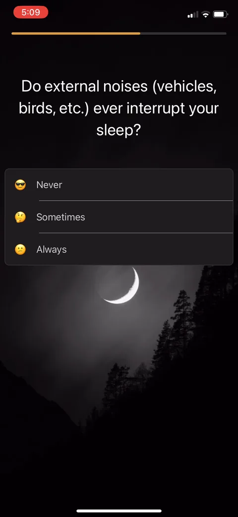 White Noice Deep Sleep Sounds onboarding screen 9: 'Do external noises interrupt your sleep' with never/sometimes/always