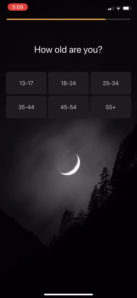 White Noice Deep Sleep Sounds onboarding screen 12: 'How old are you' in brackets, late in the quiz