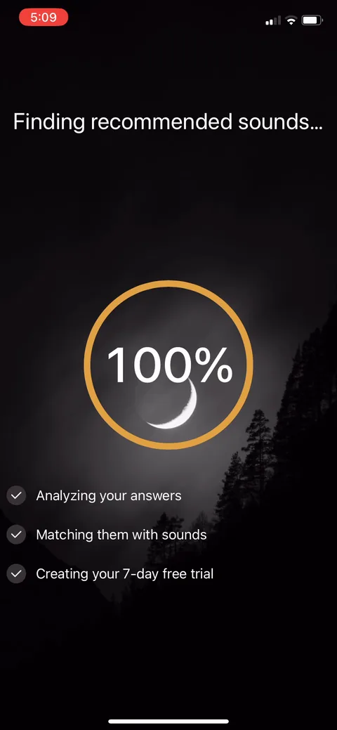 White Noice Deep Sleep Sounds onboarding screen 16: The last loading step is 'Creating your 7-day free trial.' They presell the trial inside the personalization…