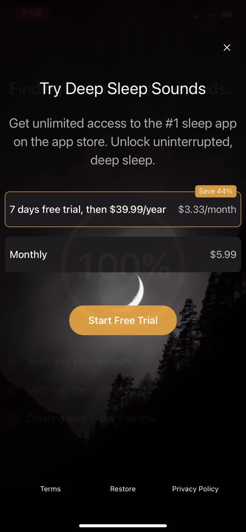White Noice Deep Sleep Sounds onboarding screen 17: Annual is the default with a 'Save 44%' badge and the trial, monthly $5.99 sits underneath as the anchor, and…
