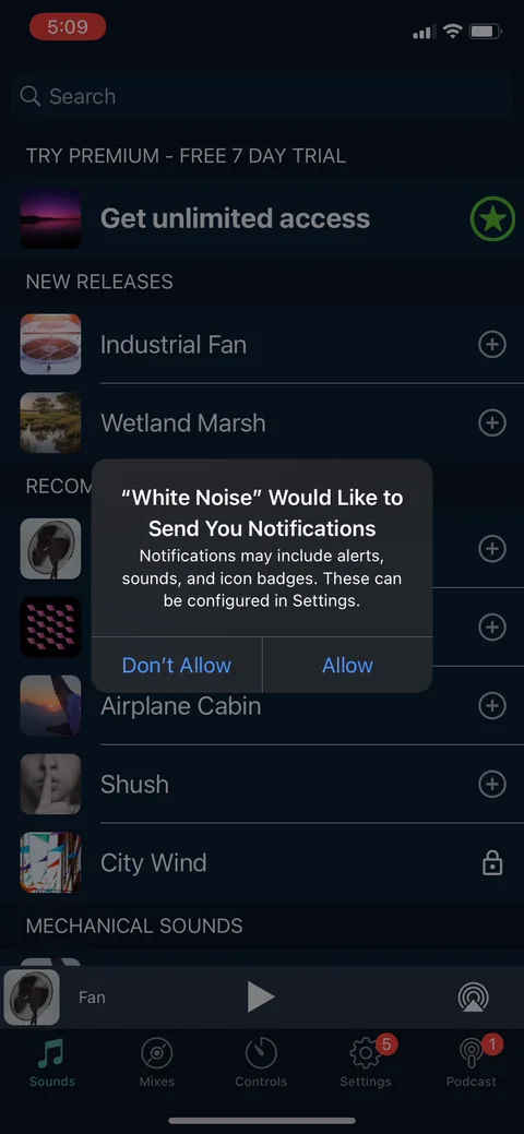 White Noice Deep Sleep Sounds onboarding screen 20: Notification prompt fires the second you land in the app, before you've played a single sound, with the…