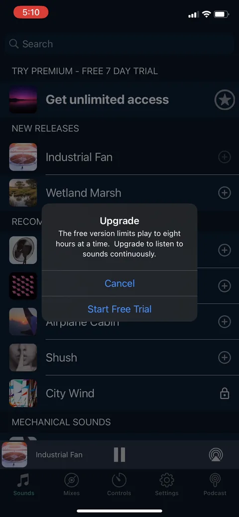 White Noice Deep Sleep Sounds onboarding screen 28: 'The free version limits play to eight hours at a time