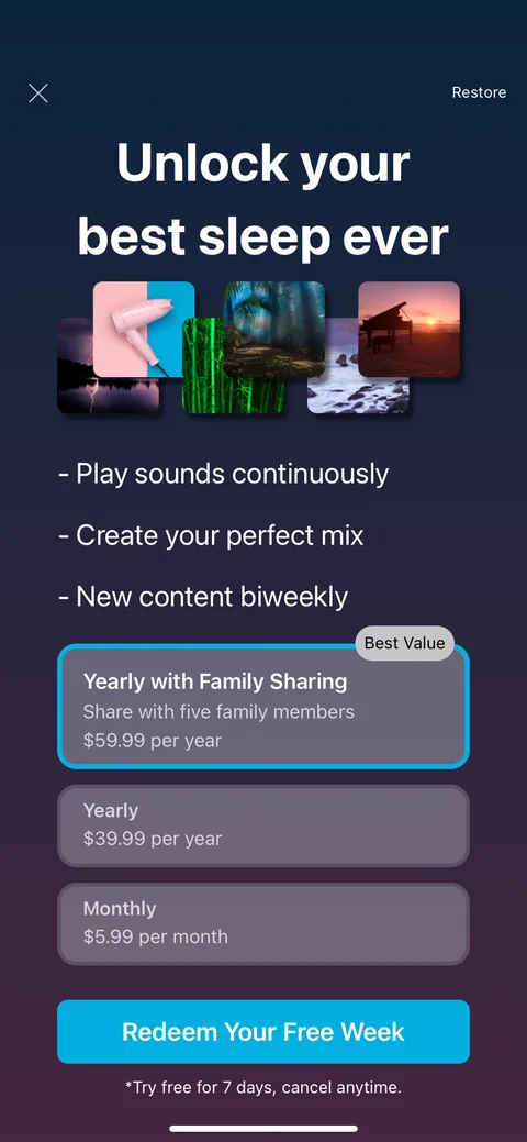 White Noice Deep Sleep Sounds paywall with pricing, onboarding screen 29