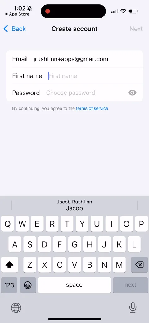 Yuka onboarding screen 7: Create account is email and password only, no Apple or Google login