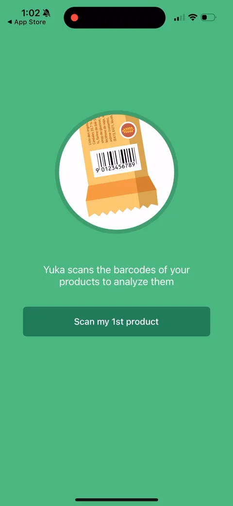 Yuka onboarding screen 9: One button, 'Scan my 1st product', pointed straight at the core action
