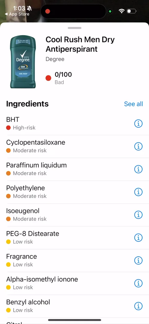 Yuka onboarding screen 34: The ingredient breakdown backs the score: BHT flagged high-risk, then a list of moderate and low-risk items