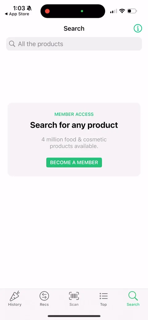 Yuka onboarding screen 40: Free to scan, pay to search