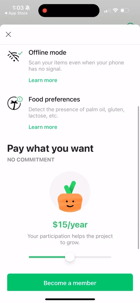 Yuka onboarding screen 43: Pay what you want, $15/year, no commitment, with a slider and 'your participation helps the project to grow'