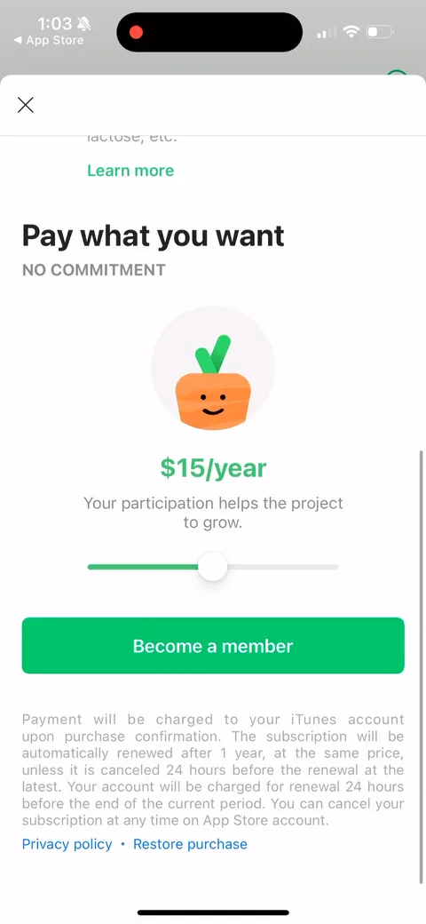 Yuka paywall with pricing, onboarding screen 44