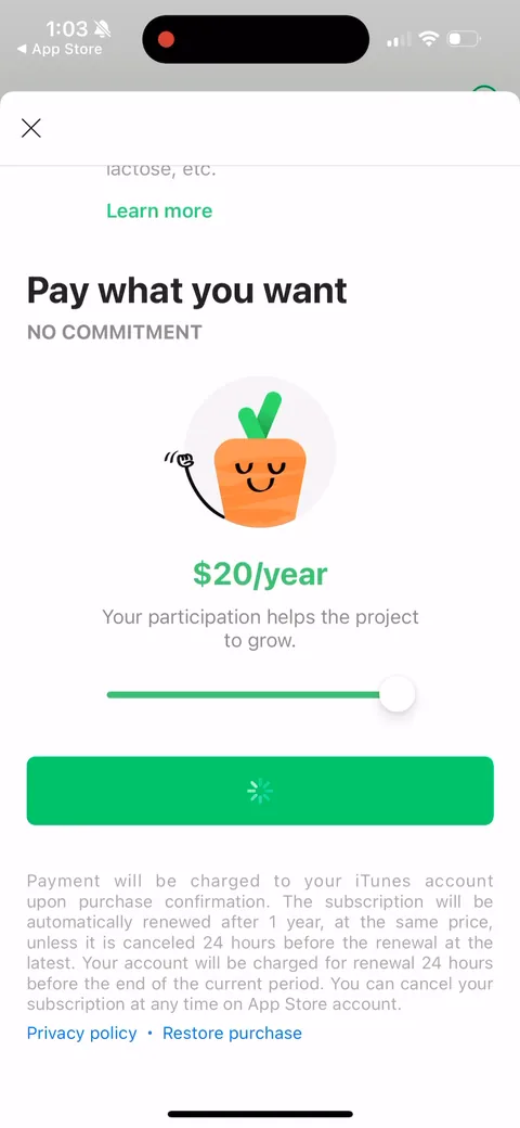 Yuka onboarding screen 45: Drag the slider and the price climbs to $20/year, with the carrot mascot cheering as you go up