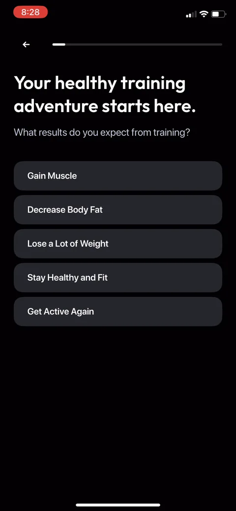 Zing Coach onboarding screen 10: Goal question up front, single select: gain muscle, lose fat, lose weight, stay fit