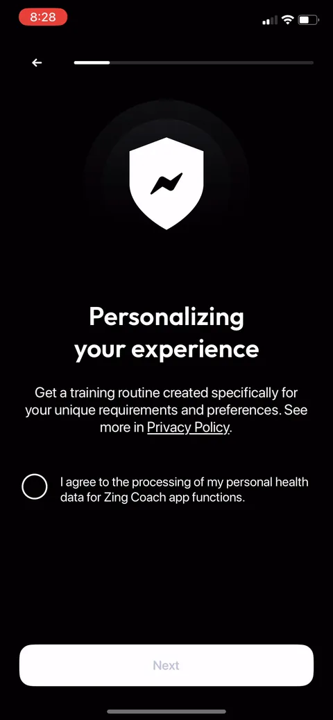 Zing Coach onboarding screen 12: Health-data consent dressed as a benefit