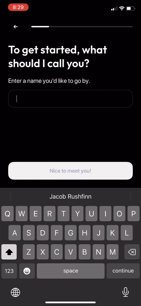 Zing Coach onboarding screen 13: Asks your name and then uses it everywhere: 'Jacob, is all the data correct,' 'Jacob, your Muscle Gain plan…