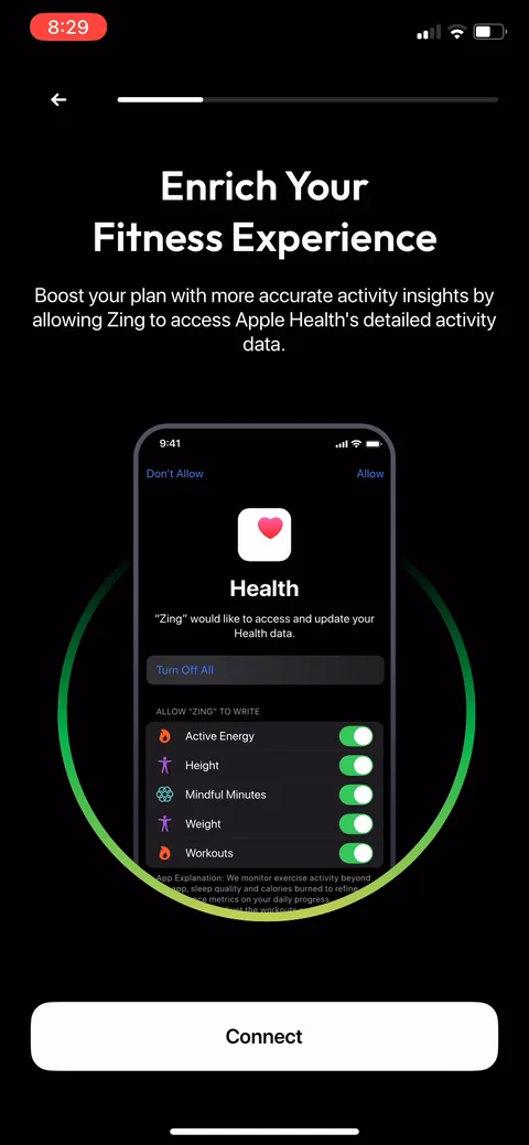 Zing Coach onboarding screen 15: Asks for Apple Health to pull your activity, weight, and workouts