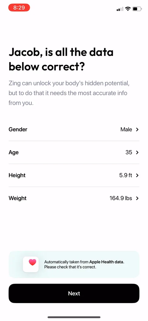 Zing Coach onboarding screen 19: Age, height, and weight pre-filled from Apple Health, you just confirm