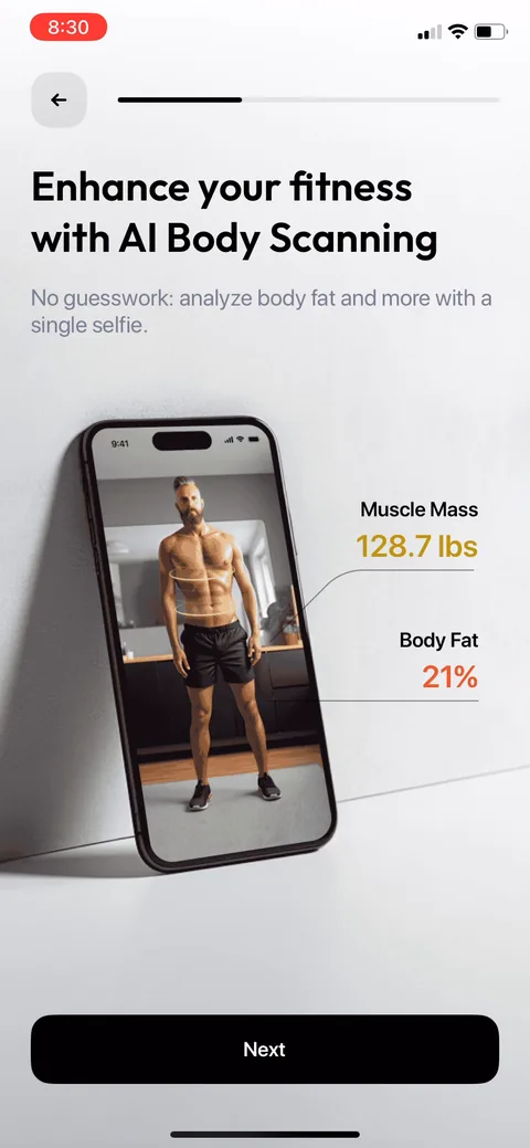Zing Coach onboarding screen 23: Teasing the AI body scan: 'analyze body fat and more with a single selfie.' The body scan is actually a paid…