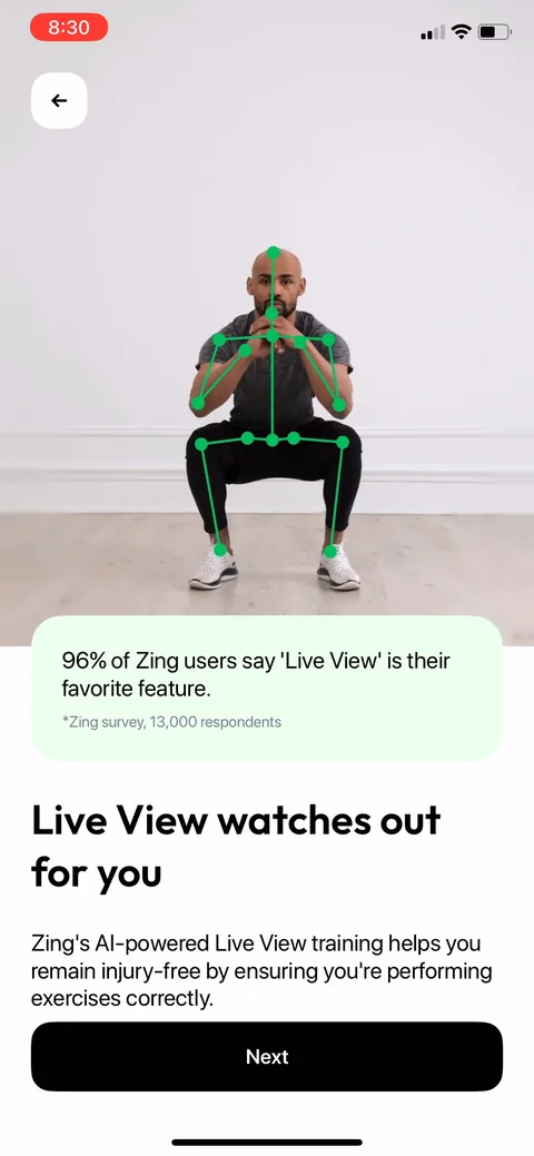 Zing Coach onboarding screen 26: Stat-led social proof mid-quiz: '96% of Zing users say Live View is their favorite feature,' survey size in…