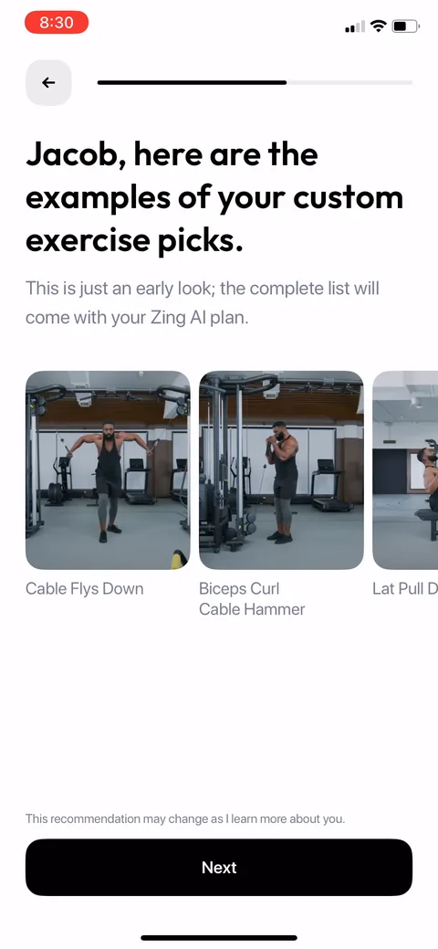 Zing Coach onboarding screen 35: Shows example exercises 'from your custom picks' before you pay