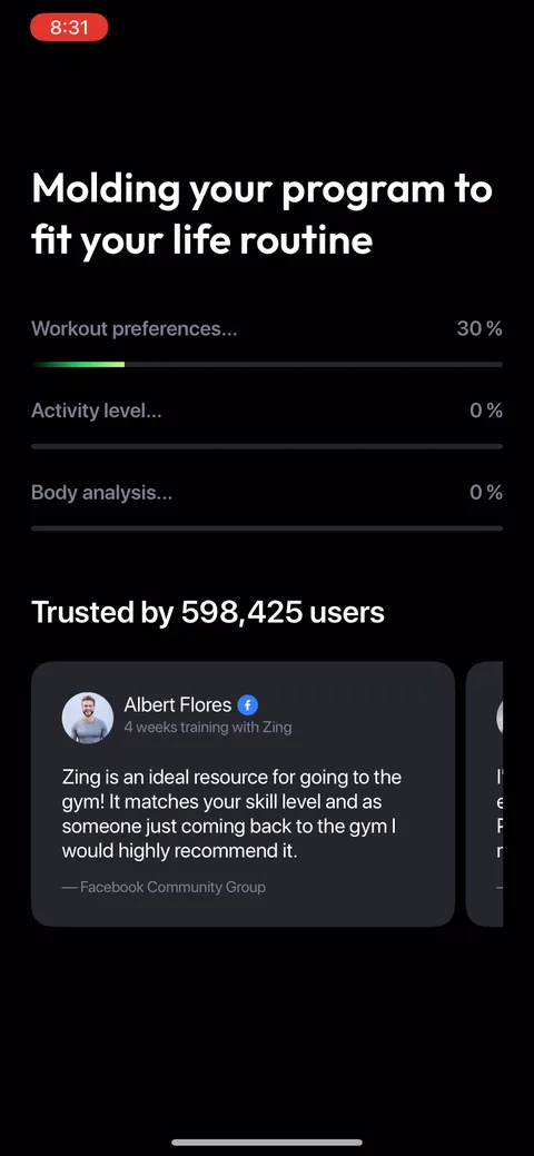 Zing Coach onboarding screen 40: Loading screen with three filling progress bars plus a testimonial carousel