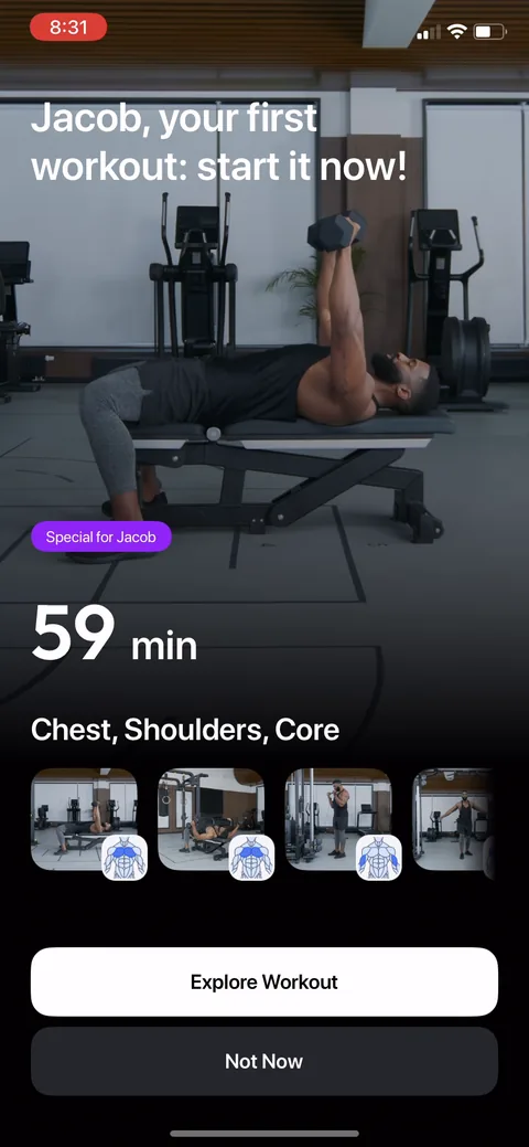Zing Coach onboarding screen 51: Instead of dropping you on a blank home, they tee up a named first workout: 'Jacob, your first workout: 59…