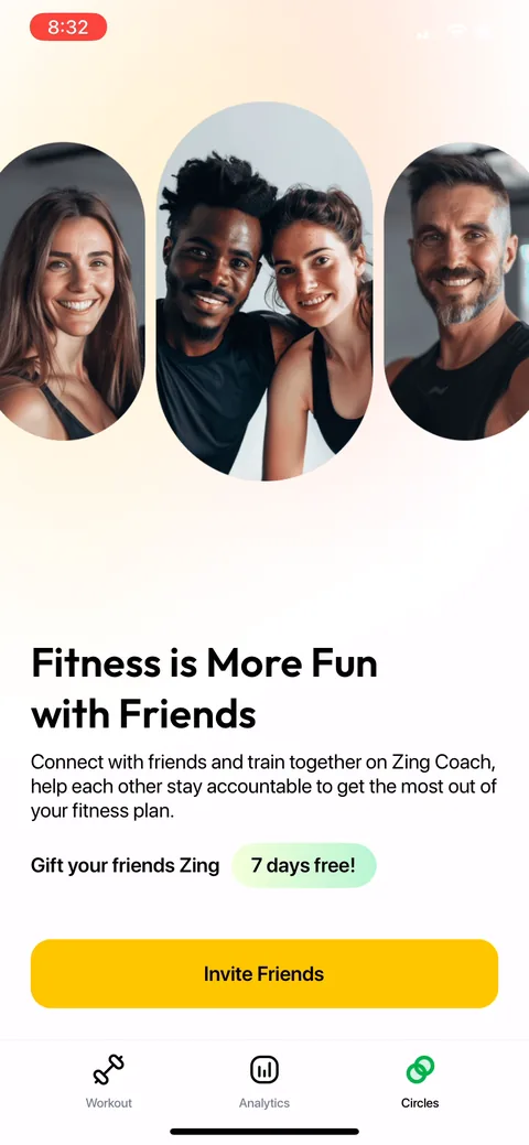 Zing Coach onboarding screen 60: Referral loop framed as a gift: 'Gift your friends Zing 7 days free.' Giving instead of asking lowers the…