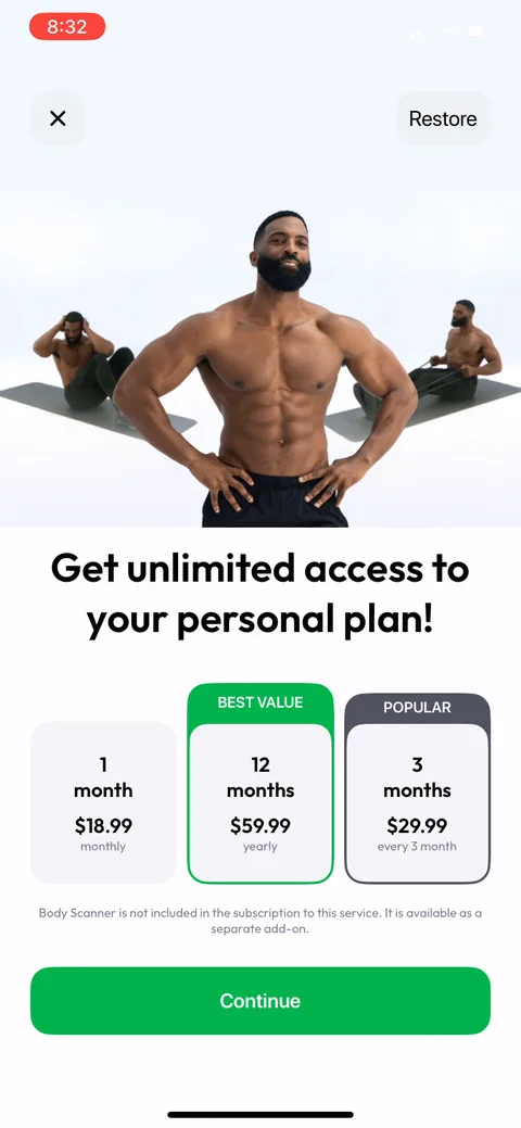 Zing Coach onboarding screen 62: Same paywall again, reached from the premium locks scattered through the dashboard (body scan, journal…
