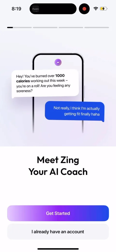 Zing Coach onboarding screen 4: The intro is a chat mockup of Zing texting you about burning 1000 calories
